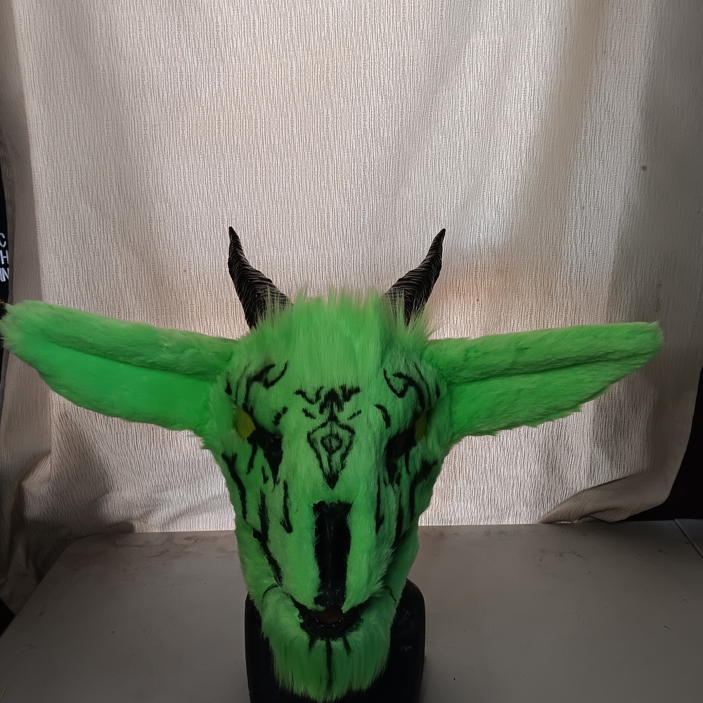 Green Furry Goat Mask with Black Tribal